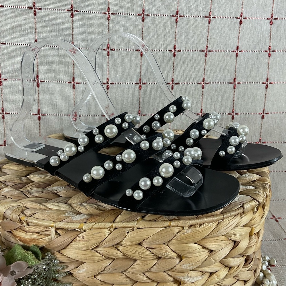 LEITH “Stunner” Black Velvet & Pearl Slide Sandals Womens Sz 10 PreLoved Beauty - Picture 2 of 5